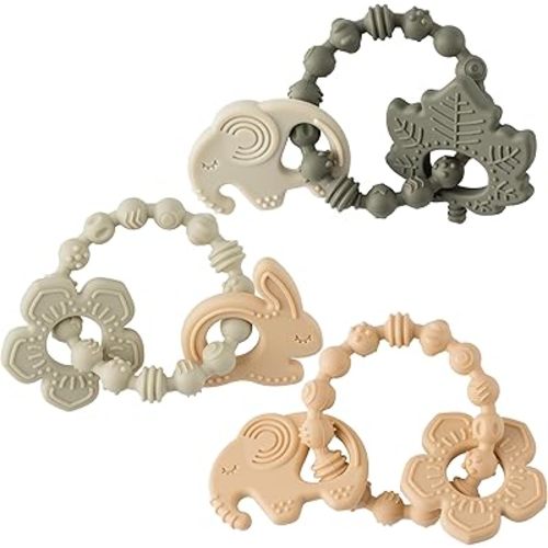 Silicone Teether Toys for Babies - 2ooya 3Pcs Animals Themed Teething Ring, Flower Leaves Baby Sensory Chew Toys with Rattles for Newborn Boy and Girl to Soothe Sore Gums, Baby Shower Birthday Gifts