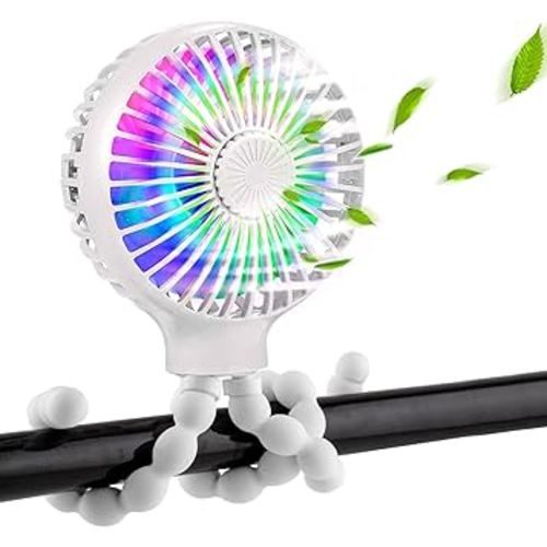Mini Stroller Fan, Handheld Portable Fan with Flexible Tripod, USB or Battery Powered Personal Desk Fan 3 Speed Baby Fan with LED Light & Aromatherapy for Car Seat Crib Bike Treadmill - White