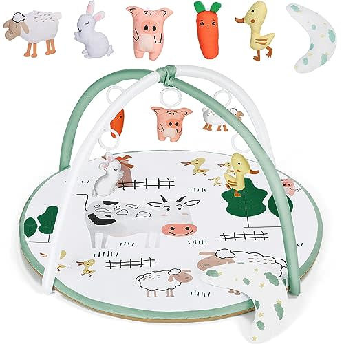 Baby Play Gym Mat, Tummy Time Activity Mat with 5 Detachable Toys and Pillow for Newborn Stage-Based Sensory and Motor Skill Development, Infant Play Mat for Babies to Toddlers