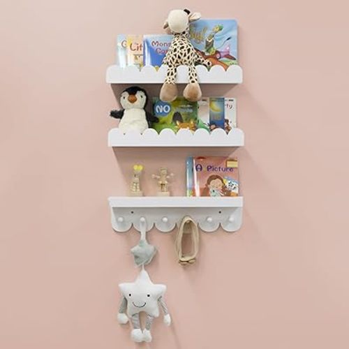 Wall Book Shelves for Bedroom Kids with Hooks - Scalloped Shelves for Nursery Set of 3, Nursery Bookshelf for Wall Room Decor, 16 Inch