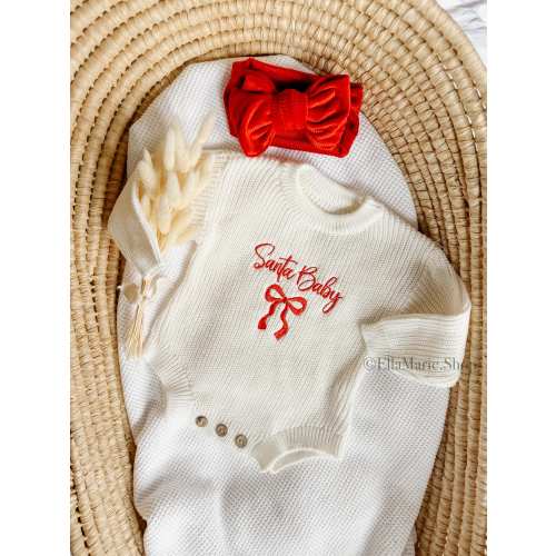 Christmas Outfit Baby Girl, Santa Baby, Bow Knit Sweater Romper, Holiday Photoshoot Sweater, Embroidered Baby Gift, Infant Toddler Oversized