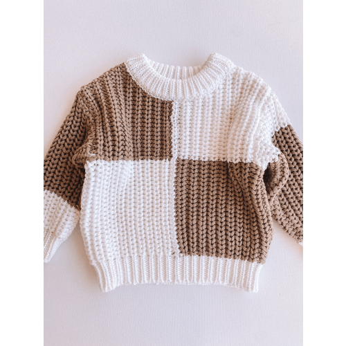 white + taupe check sweater