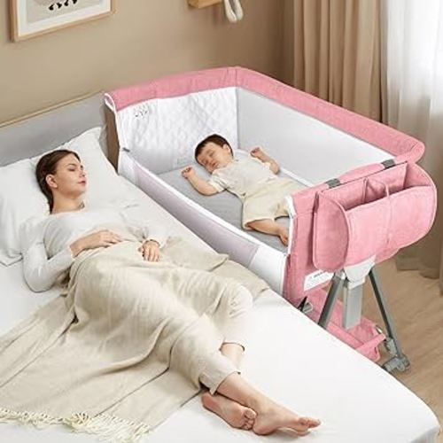 Baby Bassinet, Bedside Sleeper for Baby, 7 Height Adjustable Bedside Bassinet with Wheels, Easy to Assemble Portable Bedside Crib with Large Storage Bag for Newborn/Infant, Mattress Included