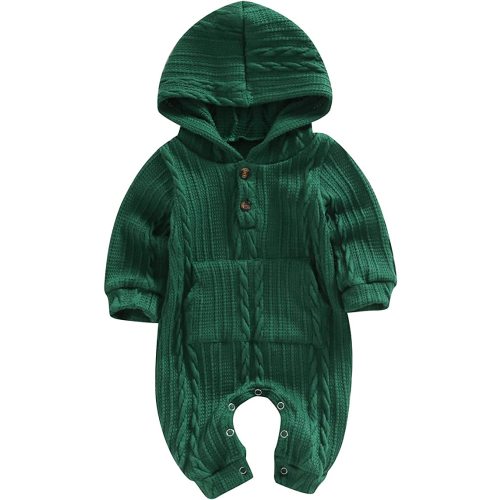 Infant Boys Girls Knit Sweater Romper Baby Toddlers Long Sleeve Hooded Button Up Winter Outfits with Pocket - Green - 3-6 Months