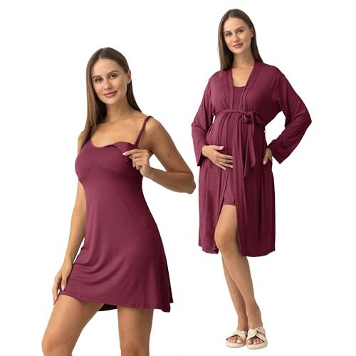 SUNNYBUY Women's Nursing Nightgown Maternity Robe Set, 3 in 1 Labor Delivery Breastfeeding Dress Postpartum Sleepwear