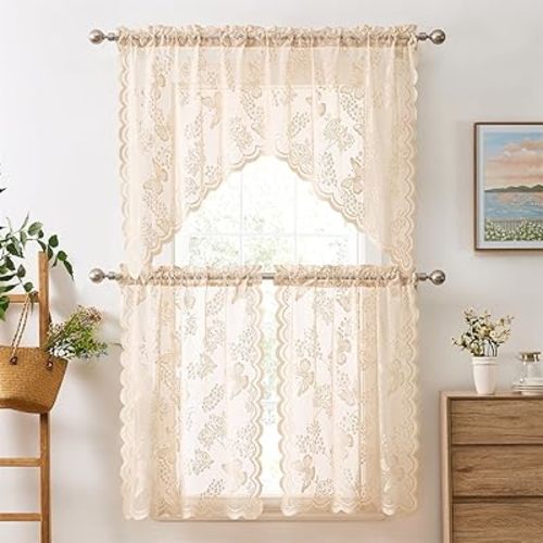 HLC.ME Butterfly Floral Lace - Sheer 3 Piece Kitchen Curtains Set, Light Filtering Transparent Window Swag Valance + 36 inch Tiers Set (Linen Taupe)
