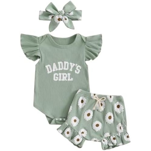 NZNDSHD Aunties Bestie Baby Clothes Girl Newborn Infant Girls Summer Outfit Short Sleeve Romper Daisy Short Headband Set