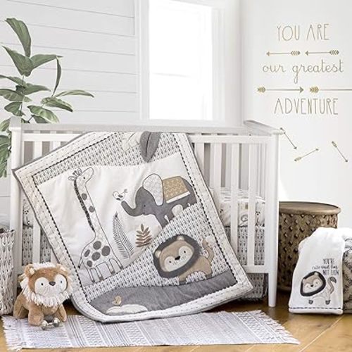 Levtex Baby - Tanzania Crib Set - Baby Nursery Set - Charcoal Cream Tan - Jungle - Giraffe Lion Elephant - 5 Piece Set Includes Quilt, Fitted Sheet, Diaper Stacker, Wall Decal & Bed Skirt/Dust Ruffle