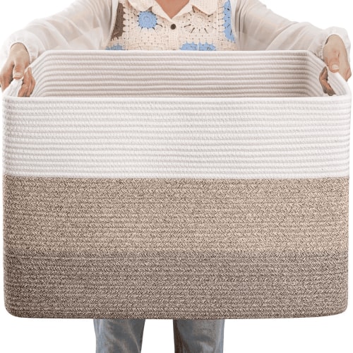 72L Large Blanket Basket（25"x16"）,Large Blanket Basket for Organizing, Dog Toy Bin,baby laundry basket,Cotton Rope Blanket Basket for Living Room, Laundry, Nursery, Pillows (White and Brown)