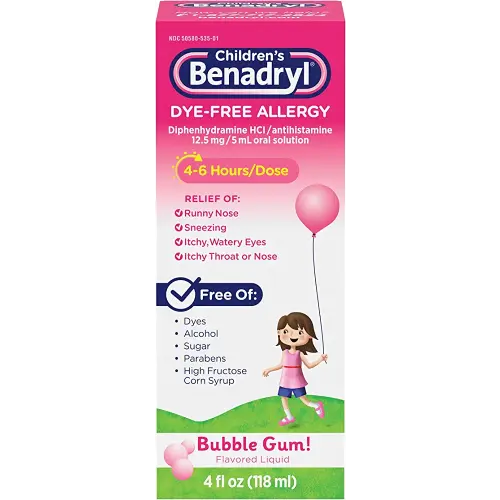 Benadryl Children's Dye-Free Allergy Liquid Medication with Diphenhydramine HCl, Antihistamine Allergy Relief Medication for Kids, Dye-Free, Alcohol-Free, Bubble Gum Flavor, 4 fl. oz