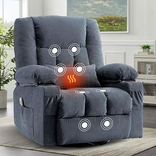 Oversized Recliner Chair for Adults with Vibration Massage and Lumbar Heating Swivel Rocker Recliner with Cup Holder and USB Charge Port for Living Room