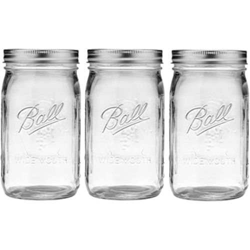 Ball Wide Mouth Glass Mason Jars with Lids and Bands, Used for Canning, Pickling, Juice, Jam, Jelly, Quart Size 32 Ounce (Pack of 3)