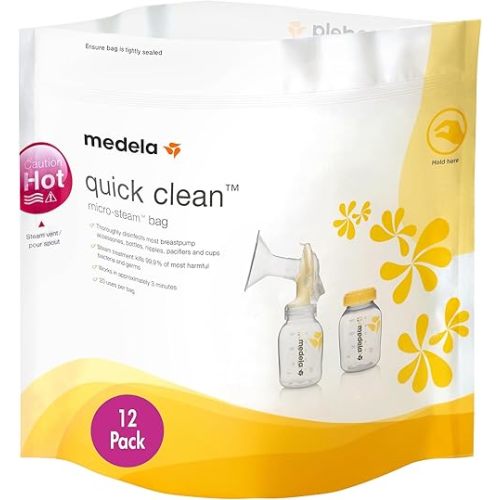 Medela Quick Clean MicroSteam Bags, Sterilizing Bags for Bottles Breast Pump Parts Eliminates 99.9 of Common Bacteria Germs Disinfects Most Breastpump Accessories, Yellow, 12 Pack