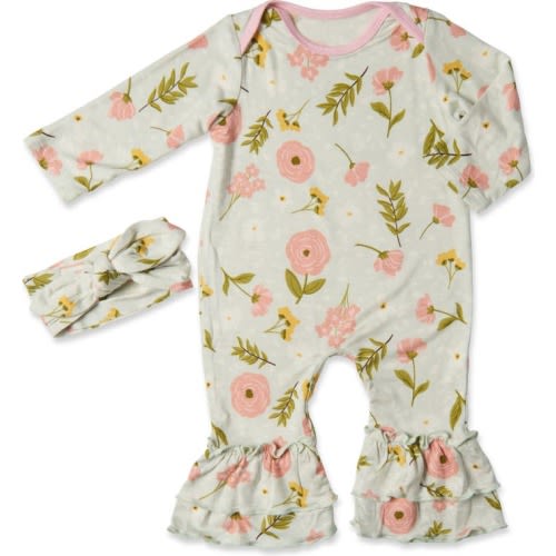 Baby Baby Grey Ruffle Romper & Head Wrap Set, Carnation