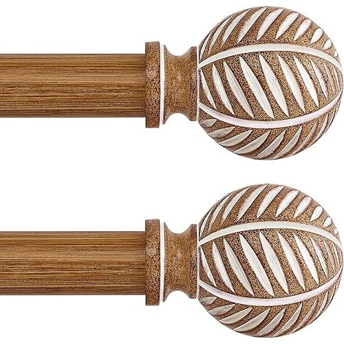 2 Pack Wood Curtain Rods 28 to 48 Inch,1 Inch Boho Adjustable Curtain Rod,Imitation Wood Grain Leaf Window Curtains Rods,Farmhouse Rustic Heavy Duty Curtain Rods,Brown Drapery Rods Set 18-45"