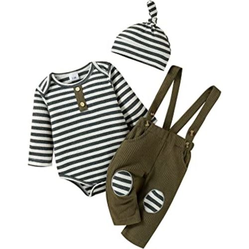 Baby Boy Clothes Newborn Fall Winter Boy Clothes Long Sleeve Striped Romper Overalls Suspender Pants Hat Clothes Set