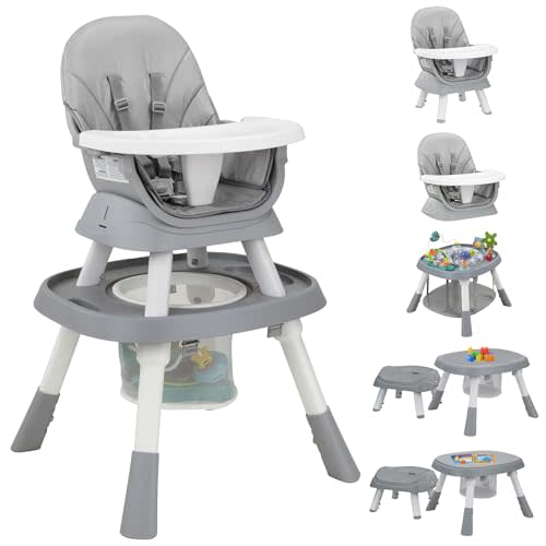 Baby High Chair with Activity Center,8-in-1 Convertible High Chairs for Babies and Toddlers with Baby Toys,Table and Chair Set Building Block Table,Highchair for Ages 6-120 Months-Grey