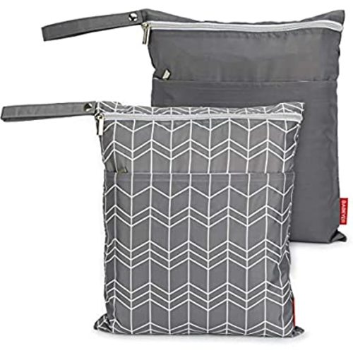 BABEYER 2Pcs Wet Dry Bags for Baby Cloth Diapers Waterproof Washable Reusable with Two Zipper Pockets for Dirty Gym Clothes, Travel, Beach Pool Daycare Soiled Baby Items
