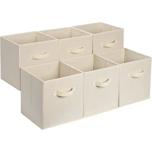 Amazon Basics Collapsible Fabric Storage Bins, Cube Organizer with Handles, 13 x 13 x 13 inch, Beige - Pack of 6