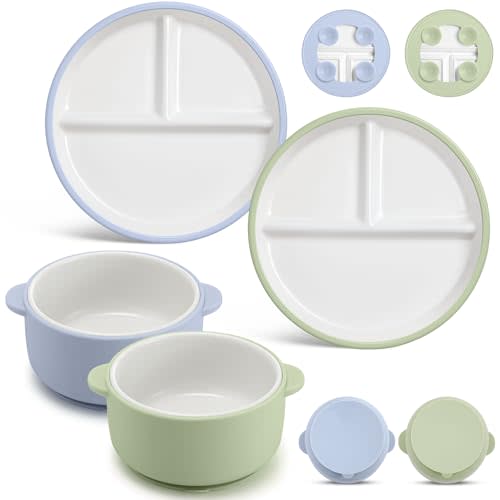 Domensi 4 Pcs Porcelain Kids Plates and Bowls Sets with Suction, 2 Ceramic Toddler Divided Plates 2 Baby Anti Slip Silicone Sleeve Bowls for Feeding Supplies Microwave Dishwasher Safe(Blue,Green)