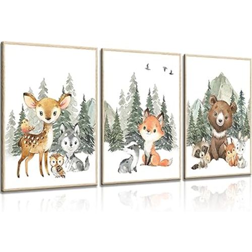 3Pcs Woodland Animal Nursery Canvas Wall Art Forest Adventure Theme Animals Picture Posters Wall Decor Cute Watercolor Deer Bear Fox Painting Print Artwork for Kids Baby Bedroom Decor 12x16in Unframed