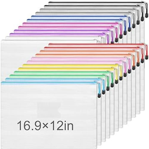 EOOUT 24pcs Mesh Zipper Pouch Extra Large Document Bag 16.9x12 Inches with Label Pocket, Plastic Zip File Folders, A3 Size, Puzzles, Board Game Storage for Organizing Office Home