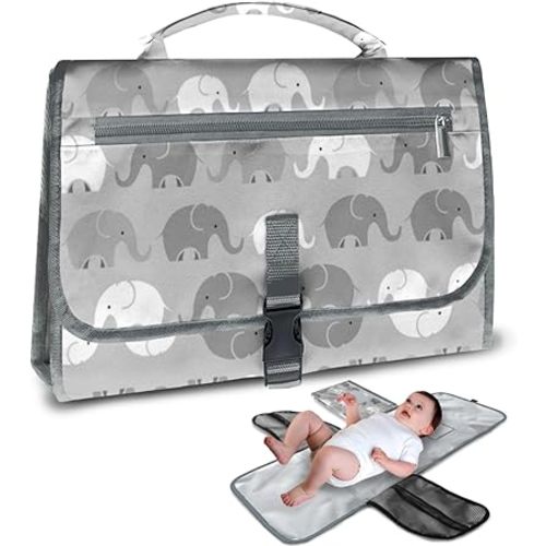 Portable Changing Pad,Gray Diaper Changing Pad for Newborn Girl & Boy Travel with Smart Wipes Pocket Foldable Wipeable Changing Pad,Elephant Pattern Baby Changing Pad - Baby Gifts