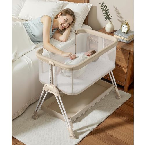 Fodoss Baby Bassinets Bedside Sleeper, Bassinet for Baby with Wheels, All Mesh Bedside Crib with Storage Basket, Hight Adjustable