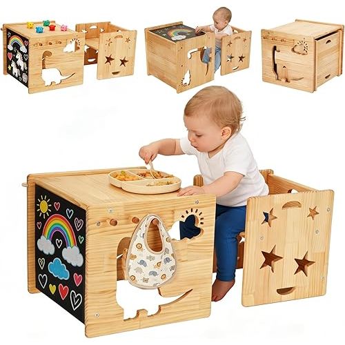 Montessori Weaning Table and Chair Set, 1-3 Year Old Kids Table and Chairs with Blackboard, Wooden Toddler Table and Chair Set Storage Hooks, Puzzle Storage Boards, for Dining, Sketching, and Reading
