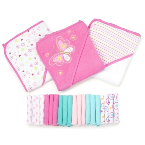 Spasilk 23-Piece Infant Bath Set, Hooded Towels & Washcloths, Pink Butterfly Design