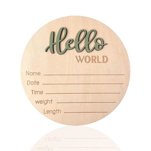 Baby Announcement Sign, 5.9 Inch Wooden Hello World Newborn Signs, Birth Announcement Sign, Baby Shower Hospital Nursery for Newborn Boys and Girls (Forest Green)