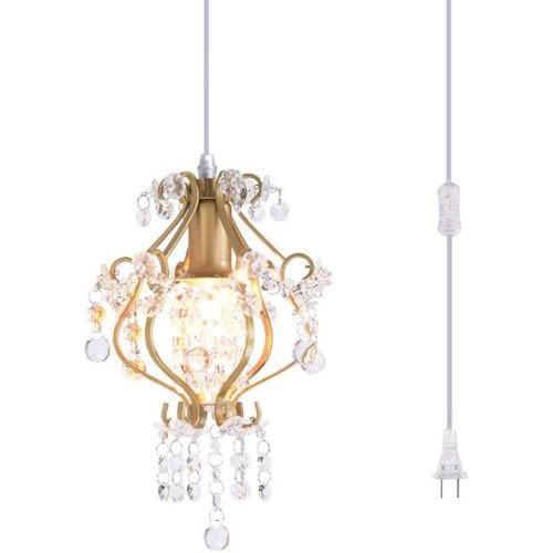 Elegant Mini Chandelier Plug in Crystal Pendant Light,Golden