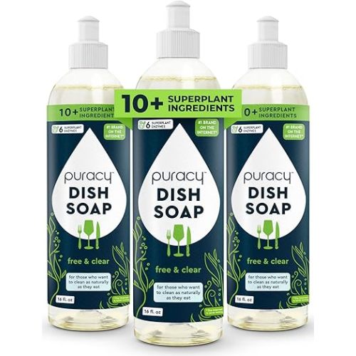 Puracy Natural Dish Soap - Unscented Skin-Softening Plant-Based Dishwashing Soap, Non-Toxic Dish Soap, Fragance Free Organic Liquid Dishwashing Detergent Soap (Free & Clear, 16 fl oz, 3 Pack)