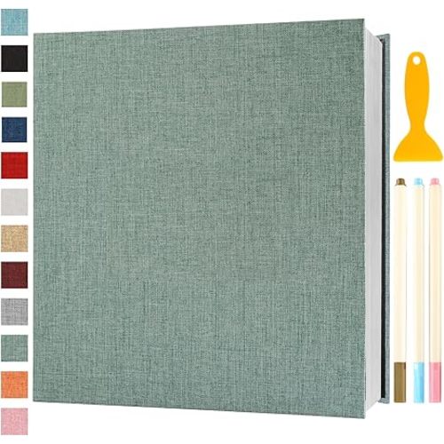 Photo Album Self Adhesive Pages Scrapbook Magnetic Photo Albums with Sticky Pages for 4x6 5x7 8x10 Pictures Books with A Metallic Pen for Baby Family Wedding 13.2x12.8 Green 120 Pages