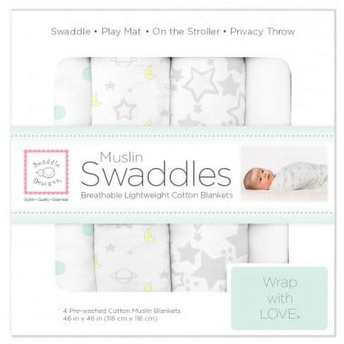 SwaddleDesigns X-Large Cotton Muslin Swaddle Blankets, Set of 4, Sterling Starshine