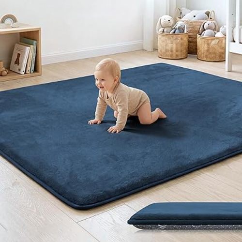 1.3" Thick Baby Floor Play Mat 50x50, Basic Padded Foam Mat for Tummy Time Crawling, Non Slip Cushioned for Babies Toddlers Infants Kids (Blue)