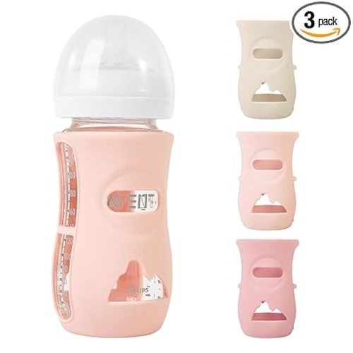 3 Pack Silicone Sleeves for Philips Avent Natural Glass Baby Bottles, Anti Breakage Baby Bottle Holder for Baby Girls, Compatible with Philips Avent Glass Natural Baby Bottle, 8 oz