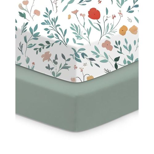 Baby Crib Sheets Boy Girl for Standard Crib Mattress - Soft Green Leaf+Flower, Ultra Soft Jersey Knit, Safe and Cozy, Fits 28''x52''x9'' Extra Deep Pocket