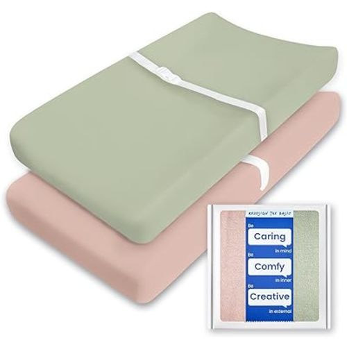 Changing Table Sheets - TotBasic Premium Soft Pink Diaper Changing Pad Cover, Ultra Stretchy Green Changing Table Cover - Suit for Baby Boy and Baby Girl, 2 Pack (Sage + Blush)