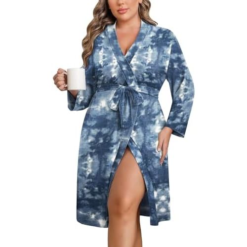 Ekouaer Women Plus Size Robe Knee Length Lightweight Bathrobe Short Kimono Robes with Pockets Maternity Robe 1X-5X