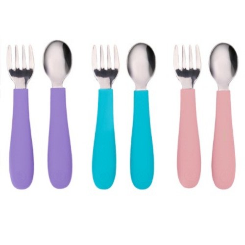 WeeSprout Toddler Utensils, 3 Forks & 3 Spoons, 18/8 Stainless Steel & Food Grade Silicone - Bright Purple, Pink, Blue