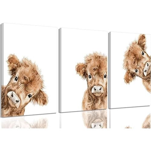 3Pcs Highland Cow Baby Canvas Wall Art Brown Peeping Highland Cattle Wall Decor Pictures Cute and Funny Animals Paintings Posters Prints for Nursery Children's Room Bathroom Artwork Home Decoration