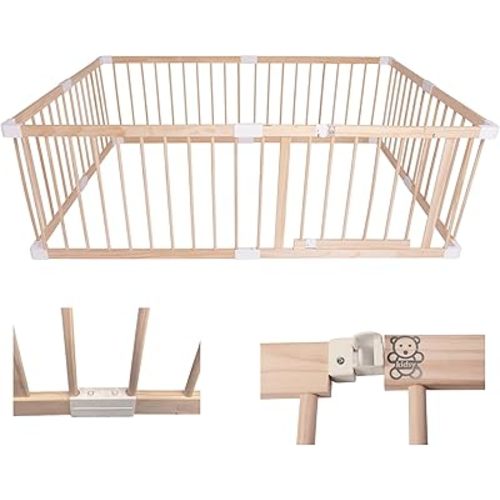 Neutral Wood playpen for Babies and Toddlers,Dog or Puppy gate,Indoor & Outdoor Kids Activity Center,Infant Safety Gate Play Yard.Large 4' x 6' Baby gate 180cm x 120cm.NO Tools Needed.