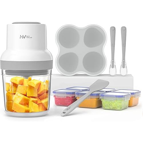 Baby Food Maker, HEYVALUE 13-in-1 Baby Food Processor Set, Fruit, Vegatable, Meat, Baby Puree Blender with Baby Containers, Food Freezer Tray, Silicone Spoons, Spatula (Gray)