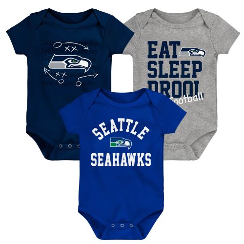 Seattle Seahawks Newborn & Infant Three-Pack Eat, Sleep & Drool Retro Bodysuit Set - Navy/Royal/Heather Gray