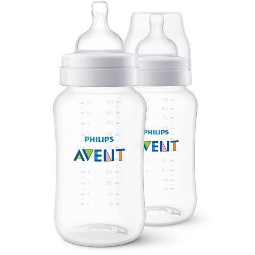 Philips Avent Anti-Colic Baby Bottles, 11oz, with Flow 3 Nipples, 3m+, 2pk, Clear, SCY106/02