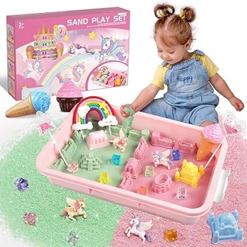 Unicorn Sensory Bin for Girl, Magic Sand Art Kit with Sandbox, Color Sand, Unicorn Fine Motor Kids Toy Christmas Birthday Gift for Toddler Ages 3 4 5 6 7 8