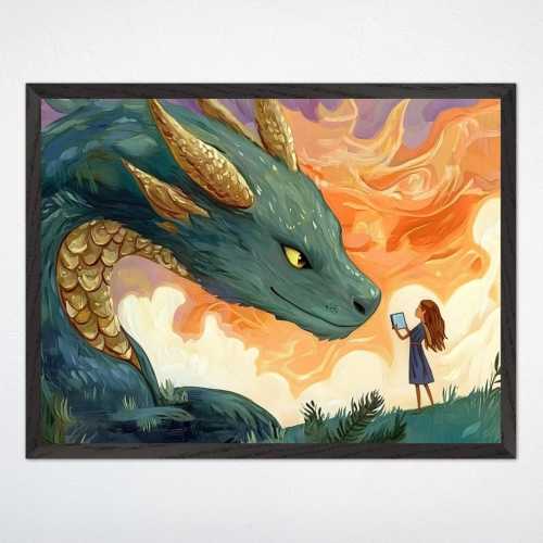 Dragon Nursery Wall Art, Girl Reading to Gentle Dragon Poster, Whimsical Fantasy Kids Room Framed Decor