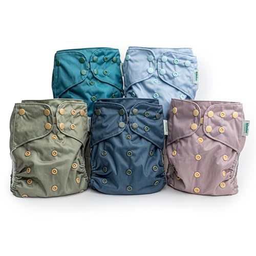 Kinder Cloth Diapers Set of 5 Reusable Baby Diapers Pocket Style Athletic Wicking Jersey, Newborn to Potty 7-60lbs, One Size, Inserts NOT Included (Coastal Calm)