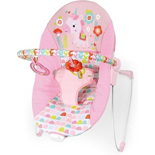 Bright Starts Baby Bouncer Soothing Vibrations Infant Seat - Removable -Toy Bar, Nonslip Feet, 0-6 Months Up to 20 lbs (Fancy Fantasy, Pink Unicorn)